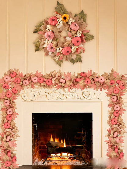2/4pcs Artificial Pumpkin Vine, Halloween, Harvest Festival, Thanksgiving Garland Decoration, Pink Pumpkin, Fireplace Decor With Maple Leaves