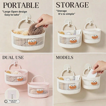 2 Colors Bathroom Storage Theme Cartoon Big Mouth 3D Sticker Vertical Stripe Hollow PP Plastic No-Drill Wall-Mounted Handheld Storage Basket, Draining Breathable Easy To Clean, Suitable For Bathroom T