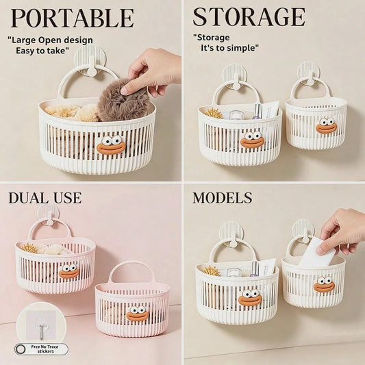 2 Colors Bathroom Storage Theme Cartoon Big Mouth 3D Sticker Vertical Stripe Hollow PP Plastic No-Drill Wall-Mounted Handheld Storage Basket, Draining Breathable Easy To Clean, Suitable For Bathroom T