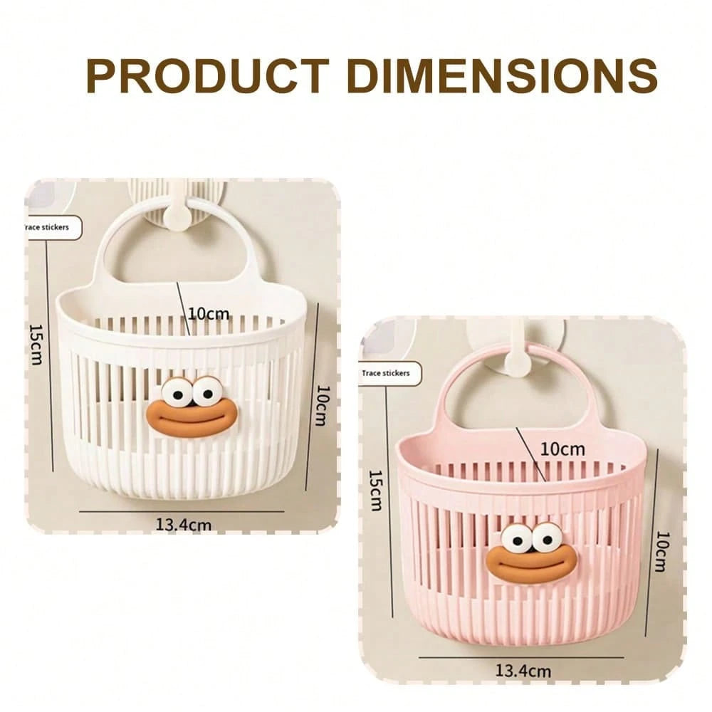 2 Colors Bathroom Storage Theme Cartoon Big Mouth 3D Sticker Vertical Stripe Hollow PP Plastic No-Drill Wall-Mounted Handheld Storage Basket, Draining Breathable Easy To Clean, Suitable For Bathroom T