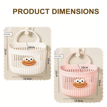 2 Colors Bathroom Storage Theme Cartoon Big Mouth 3D Sticker Vertical Stripe Hollow PP Plastic No-Drill Wall-Mounted Handheld Storage Basket, Draining Breathable Easy To Clean, Suitable For Bathroom T