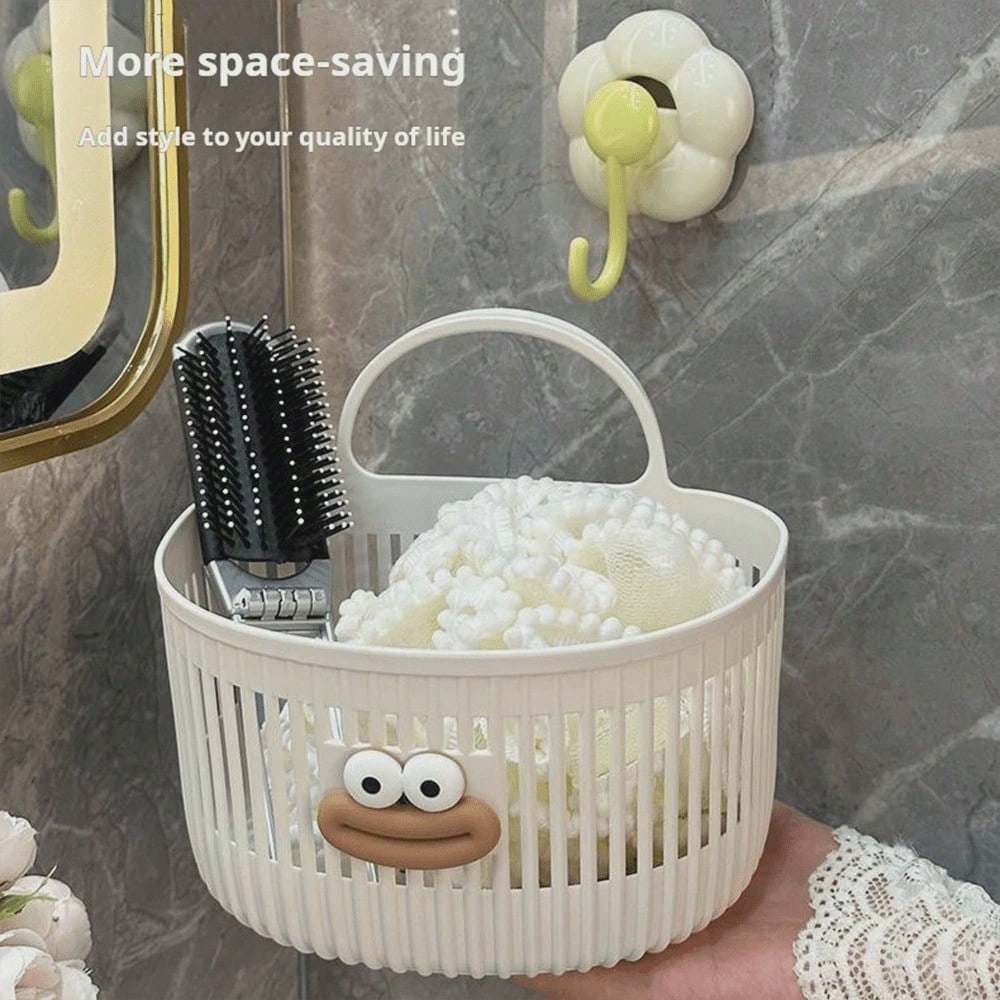 2 Colors Bathroom Storage Theme Cartoon Big Mouth 3D Sticker Vertical Stripe Hollow PP Plastic No-Drill Wall-Mounted Handheld Storage Basket, Draining Breathable Easy To Clean, Suitable For Bathroom T
