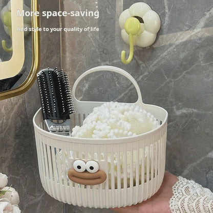 2 Colors Bathroom Storage Theme Cartoon Big Mouth 3D Sticker Vertical Stripe Hollow PP Plastic No-Drill Wall-Mounted Handheld Storage Basket, Draining Breathable Easy To Clean, Suitable For Bathroom T