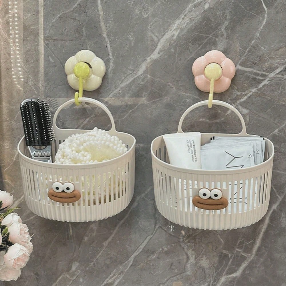 2 Colors Bathroom Storage Theme Cartoon Big Mouth 3D Sticker Vertical Stripe Hollow PP Plastic No-Drill Wall-Mounted Handheld Storage Basket, Draining Breathable Easy To Clean, Suitable For Bathroom T