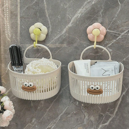 2 Colors Bathroom Storage Theme Cartoon Big Mouth 3D Sticker Vertical Stripe Hollow PP Plastic No-Drill Wall-Mounted Handheld Storage Basket, Draining Breathable Easy To Clean, Suitable For Bathroom T