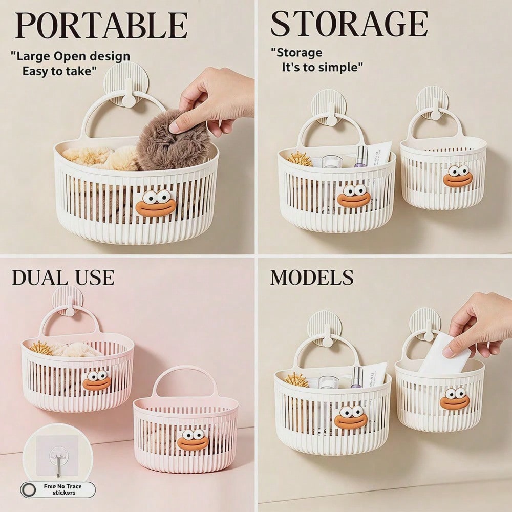 2 Colors Bathroom Storage Theme Cartoon Big Mouth 3D Sticker Vertical Stripe Hollow PP Plastic No-Drill Wall-Mounted Handheld Storage Basket, Draining Breathable Easy To Clean, Suitable For Bathroom T