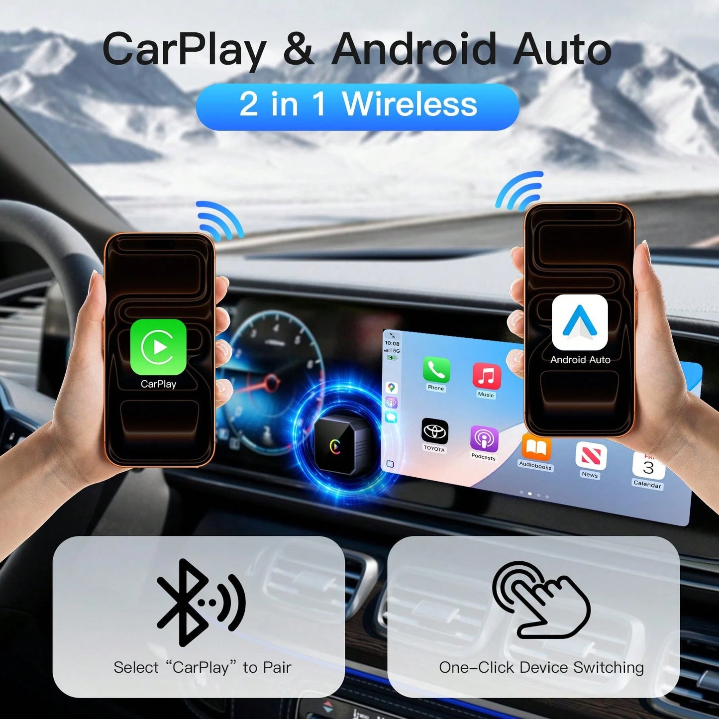 2-In-1 Wireless CarPlay & Android Auto Adapter, Mini Plug-And-Play Wired To Wireless Converter For IPhone IOS 10+ & Android 11+, Auto Fast Connection With Zero Lag, Compatible With 2016 And Newer Car