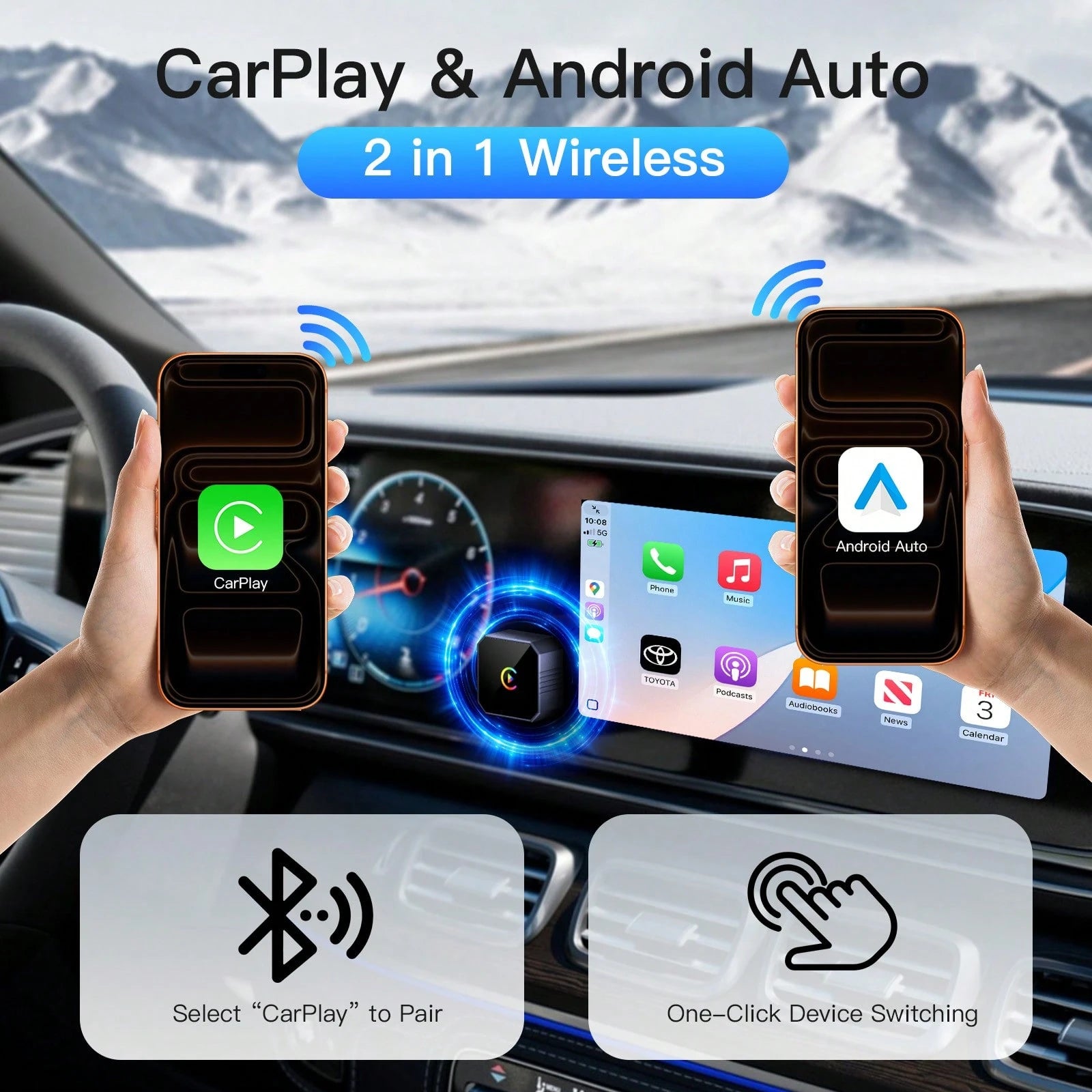 2-In-1 Wireless CarPlay & Android Auto Adapter, Mini Plug-And-Play Wired To Wireless Converter For IPhone IOS 10+ & Android 11+, Auto Fast Connection With Zero Lag, Compatible With 2016 And Newer Car