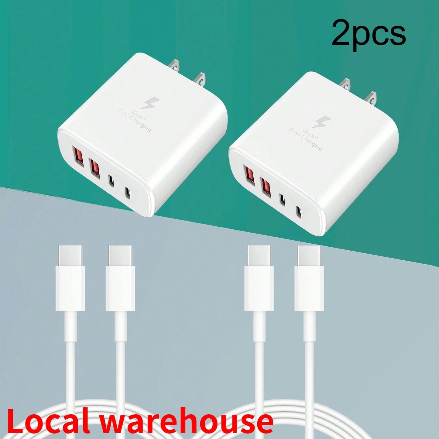 2-Pack Phone Charger Set: 2x 4-Port (2USB-C + 2USB-A) Wall Charger Plug + 2x Type-C To Type-C Cables – Universal Chargers For USB-C Devices| Local Warehouse