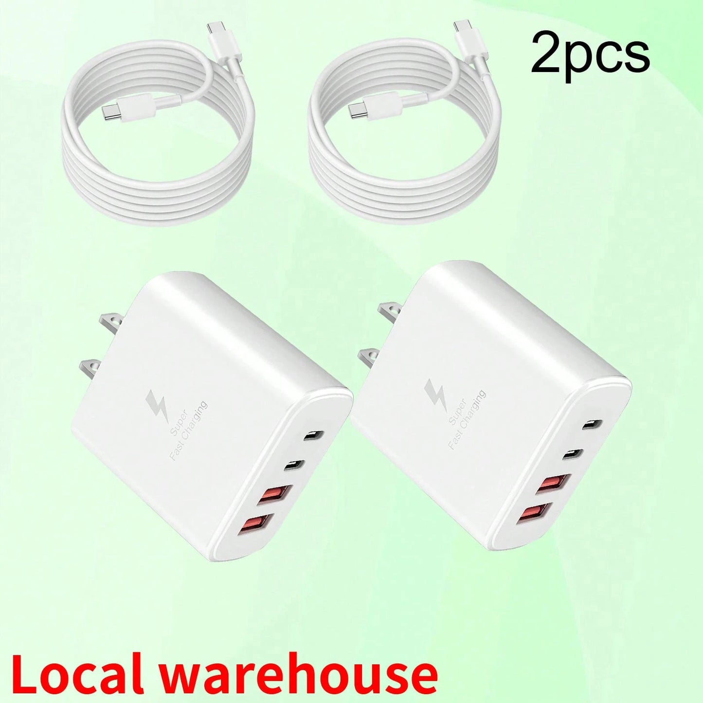 2-Pack Phone Charger Set: 2x 4-Port (2USB-C + 2USB-A) Wall Charger Plug + 2x Type-C To Type-C Cables – Universal Chargers For USB-C Devices| Local Warehouse