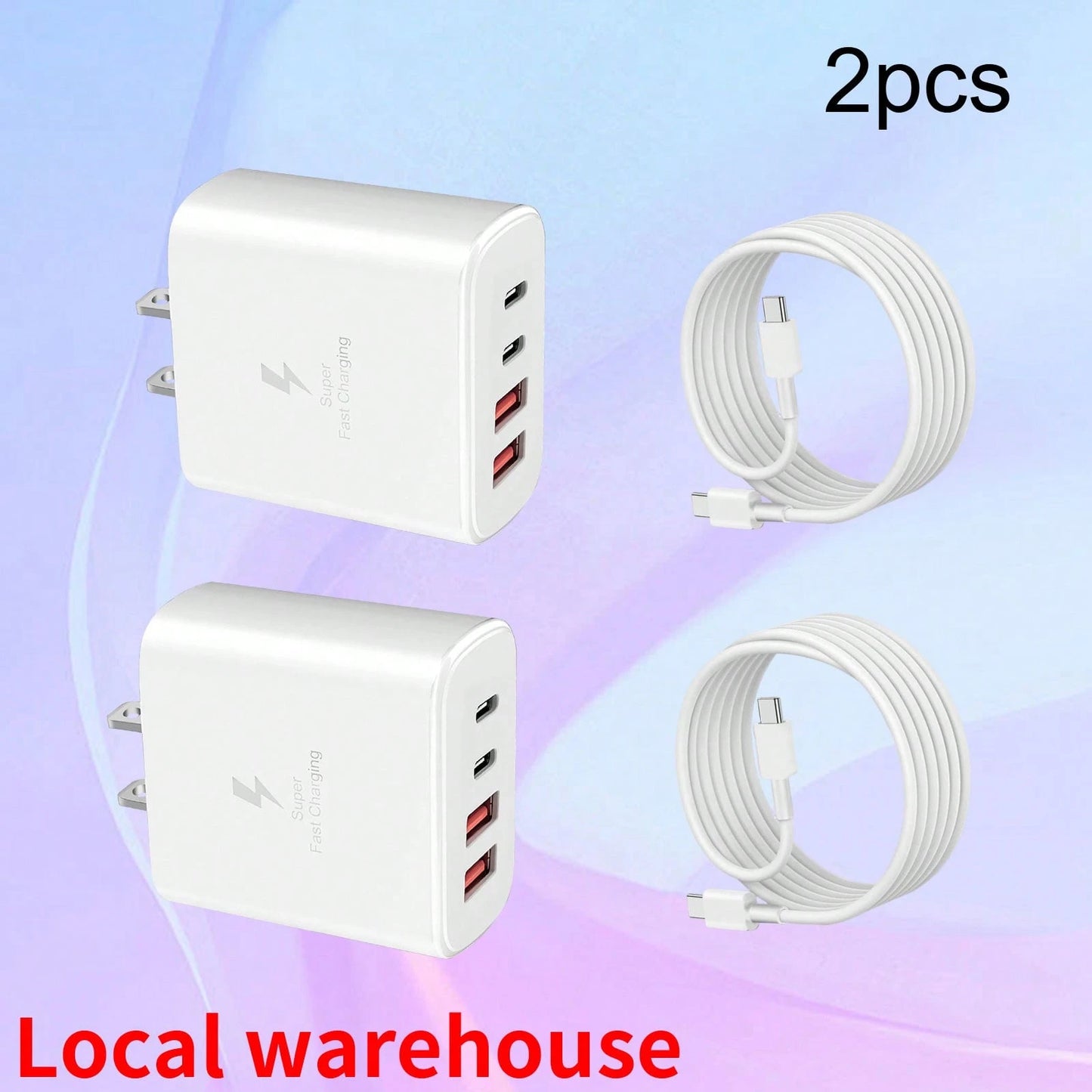 2-Pack Phone Charger Set: 2x 4-Port (2USB-C + 2USB-A) Wall Charger Plug + 2x Type-C To Type-C Cables – Universal Chargers For USB-C Devices| Local Warehouse