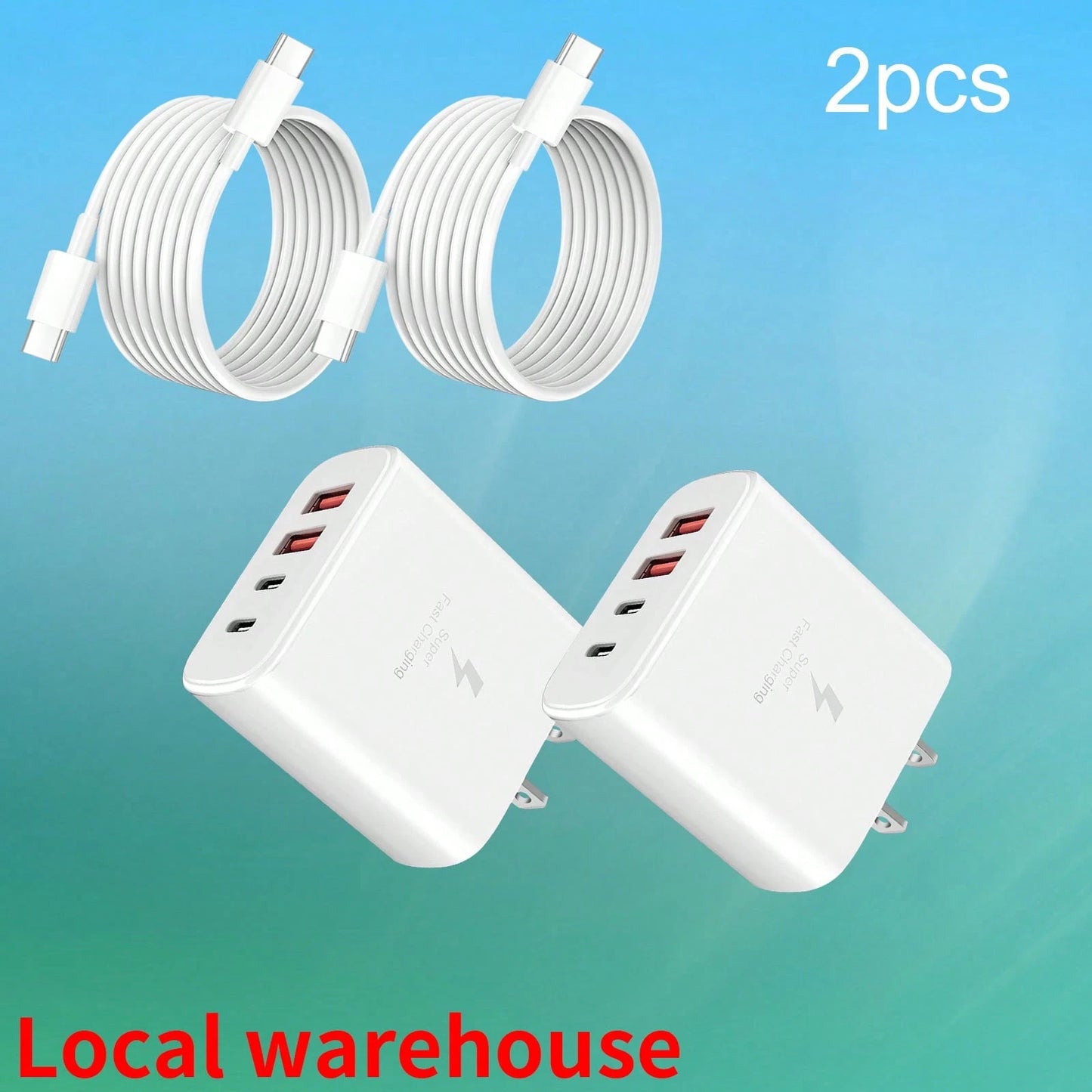 2-Pack Phone Charger Set: 2x 4-Port (2USB-C + 2USB-A) Wall Charger Plug + 2x Type-C To Type-C Cables – Universal Chargers For USB-C Devices| Local Warehouse