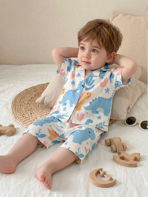2-Piece Baby Boys Cute White Summer Pajamas,Family Matching Soft Knit Dinosaur Print Sleepwear Set With Lapel Collar And Shorts For Newborn Toddlers