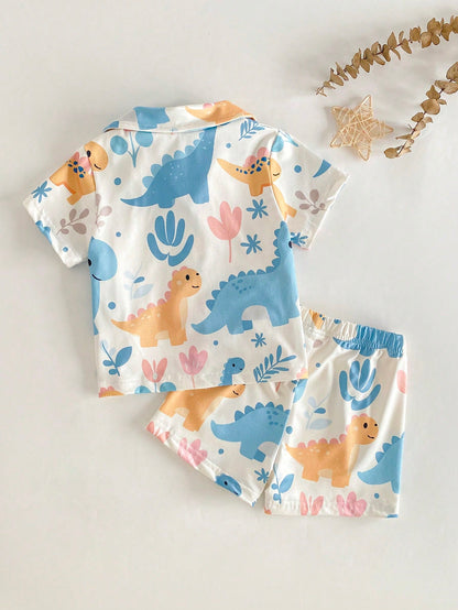 2-Piece Baby Boys Cute White Summer Pajamas,Family Matching Soft Knit Dinosaur Print Sleepwear Set With Lapel Collar And Shorts For Newborn Toddlers