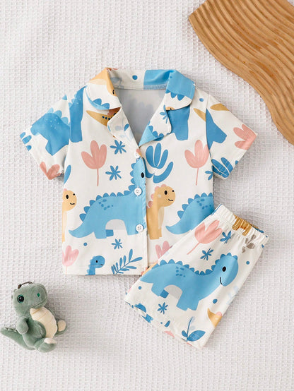 2-Piece Baby Boys Cute White Summer Pajamas,Family Matching Soft Knit Dinosaur Print Sleepwear Set With Lapel Collar And Shorts For Newborn Toddlers