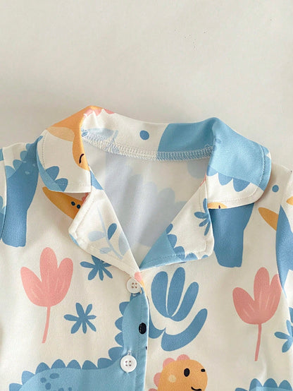 2-Piece Baby Boys Cute White Summer Pajamas,Family Matching Soft Knit Dinosaur Print Sleepwear Set With Lapel Collar And Shorts For Newborn Toddlers