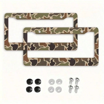 2 Piece Camouflage Hunting Theme Aluminum License Plate Frame, 6.3 X 12.2 Inch, Fits All US Car Models, Waterproof And Dustproof, Scratch Resistant, Camo, Car Decor, License Plate Frame, Car Acessesor