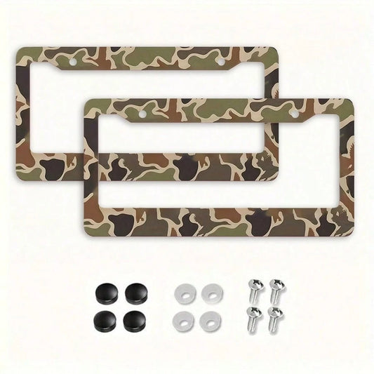 2 Piece Camouflage Hunting Theme Aluminum License Plate Frame, 6.3 X 12.2 Inch, Fits All US Car Models, Waterproof And Dustproof, Scratch Resistant, Camo, Car Decor, License Plate Frame, Car Acessesor