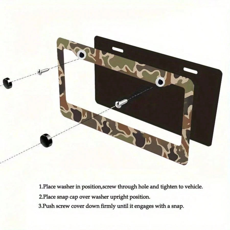 2 Piece Camouflage Hunting Theme Aluminum License Plate Frame, 6.3 X 12.2 Inch, Fits All US Car Models, Waterproof And Dustproof, Scratch Resistant, Camo, Car Decor, License Plate Frame, Car Acessesor