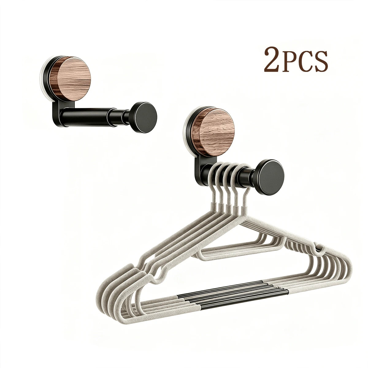 2-Piece Wall-Mounted Retractable Hanger Rack Set, Black Expandable Clothes Rod With Wood-Grain Round Base, Multi-Function Hanger Holder For Bedroom, Laundry Room, Entryway And Closet Organization