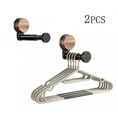 2-Piece Wall-Mounted Retractable Hanger Rack Set, Black Expandable Clothes Rod With Wood-Grain Round Base, Multi-Function Hanger Holder For Bedroom, Laundry Room, Entryway And Closet Organization