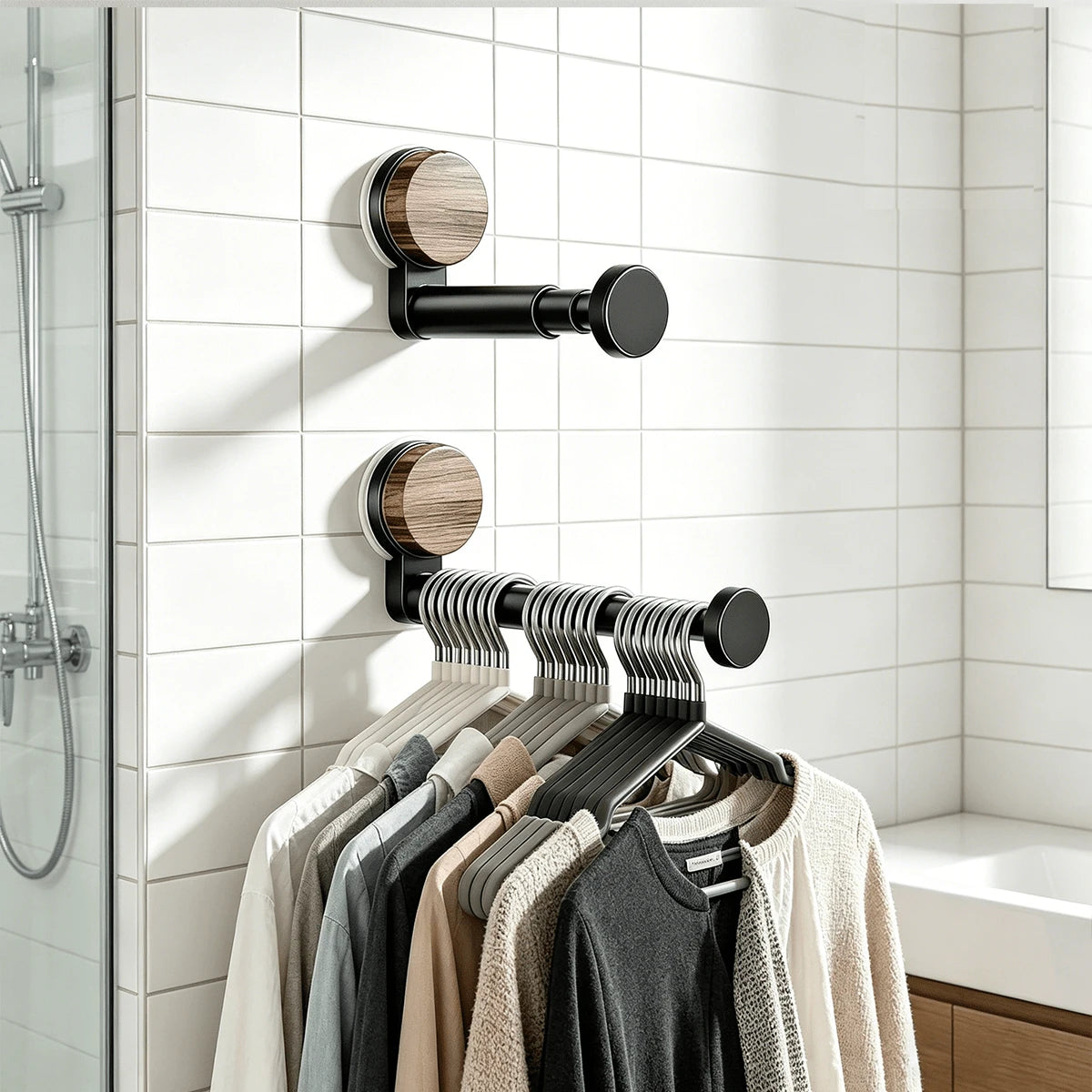 2-Piece Wall-Mounted Retractable Hanger Rack Set, Black Expandable Clothes Rod With Wood-Grain Round Base, Multi-Function Hanger Holder For Bedroom, Laundry Room, Entryway And Closet Organization