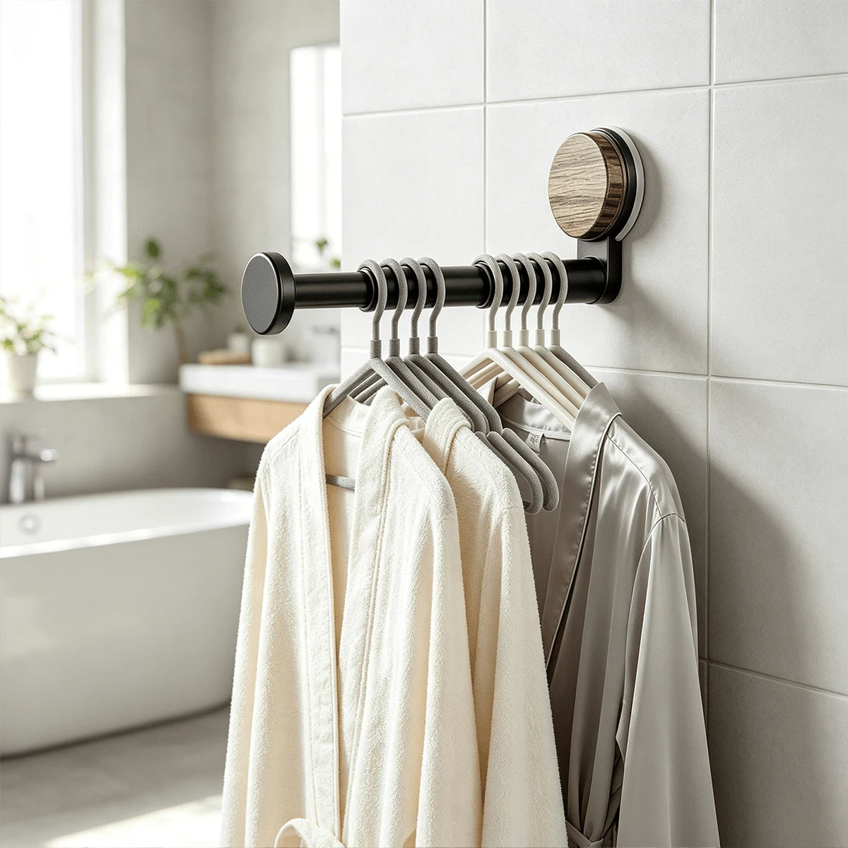 2-Piece Wall-Mounted Retractable Hanger Rack Set, Black Expandable Clothes Rod With Wood-Grain Round Base, Multi-Function Hanger Holder For Bedroom, Laundry Room, Entryway And Closet Organization