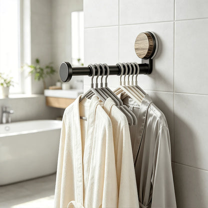 2-Piece Wall-Mounted Retractable Hanger Rack Set, Black Expandable Clothes Rod With Wood-Grain Round Base, Multi-Function Hanger Holder For Bedroom, Laundry Room, Entryway And Closet Organization