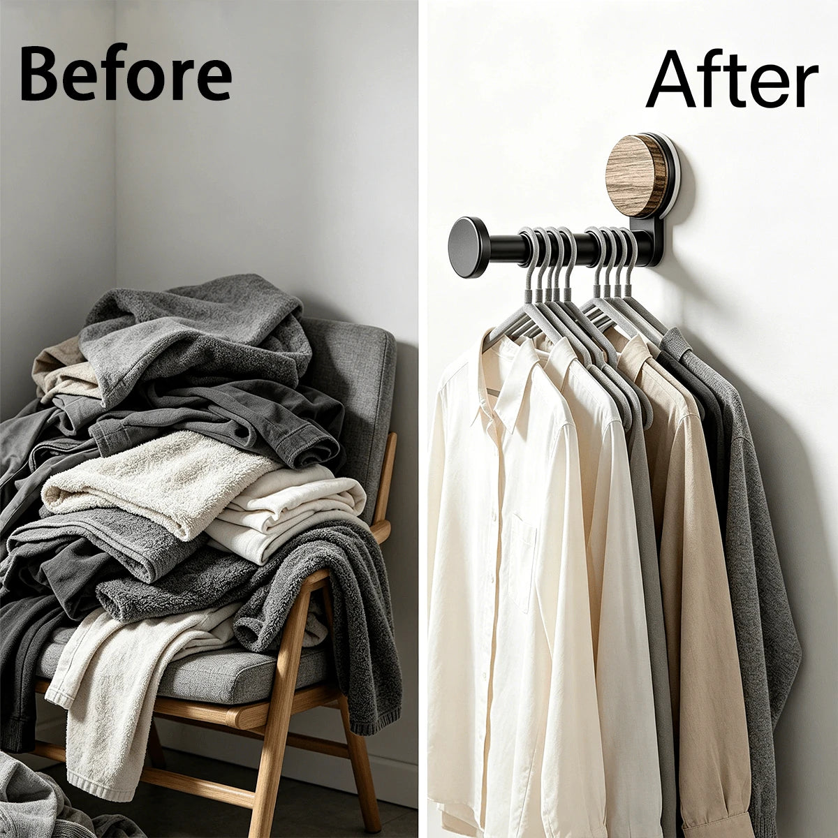 2-Piece Wall-Mounted Retractable Hanger Rack Set, Black Expandable Clothes Rod With Wood-Grain Round Base, Multi-Function Hanger Holder For Bedroom, Laundry Room, Entryway And Closet Organization