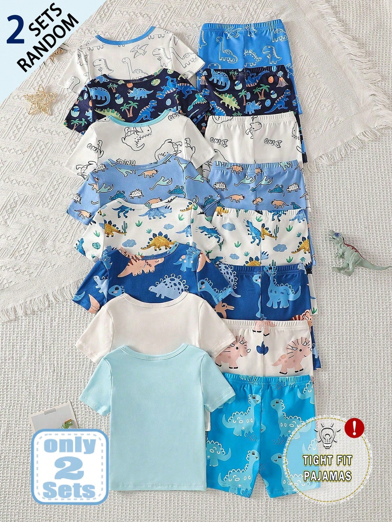 2 Sets Random Delivery 2pcs Tight Fit Pajama Set, Toddler Boys Summer Dinosaur & Cute Animal Print Short Sleeve Shirt And Shorts Snug Fit Pajamas