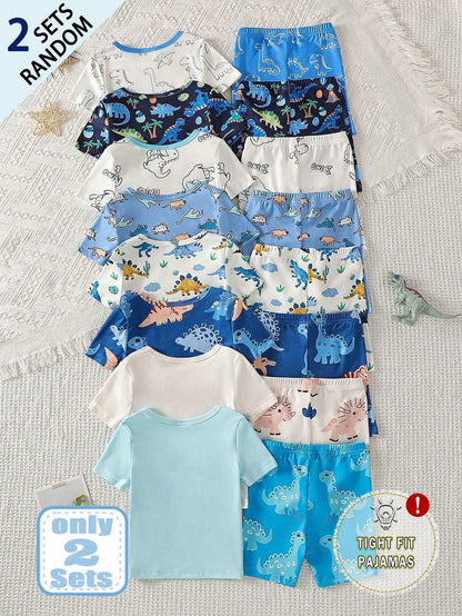 2 Sets Random Delivery 2pcs Tight Fit Pajama Set, Toddler Boys Summer Dinosaur & Cute Animal Print Short Sleeve Shirt And Shorts Snug Fit Pajamas