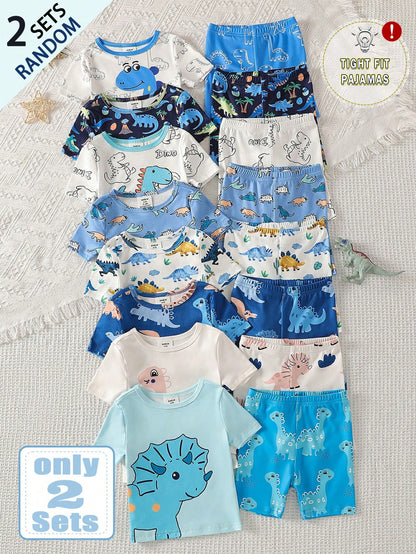 2 Sets Random Delivery 2pcs Tight Fit Pajama Set, Toddler Boys Summer Dinosaur & Cute Animal Print Short Sleeve Shirt And Shorts Snug Fit Pajamas