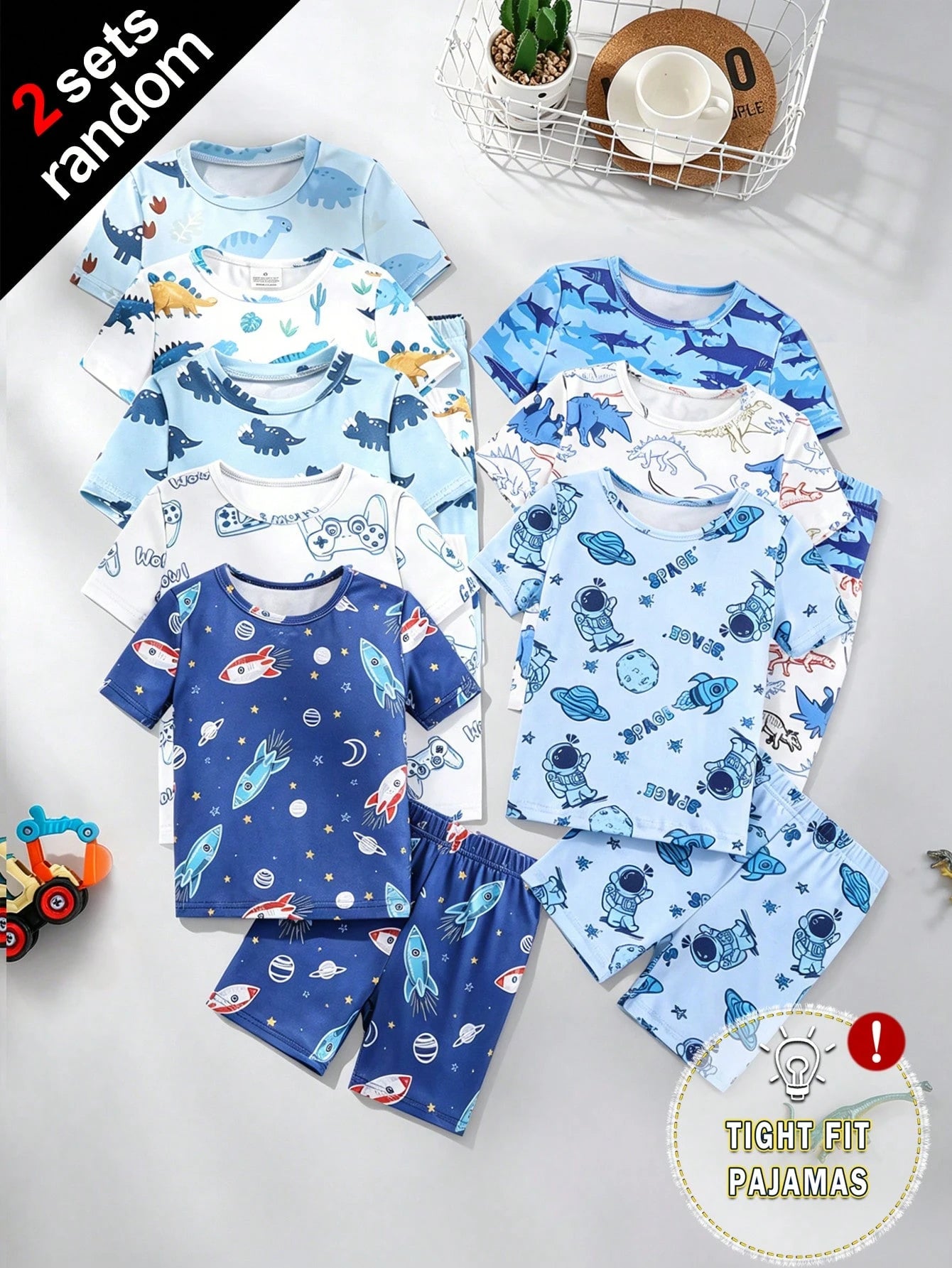 2 Sets Random Delivery 2pcs Tight Fit Pajama Set, Toddler Boys Summer Dinosaur & Cute Animal Print Short Sleeve Shirt And Shorts Snug Fit Pajamas