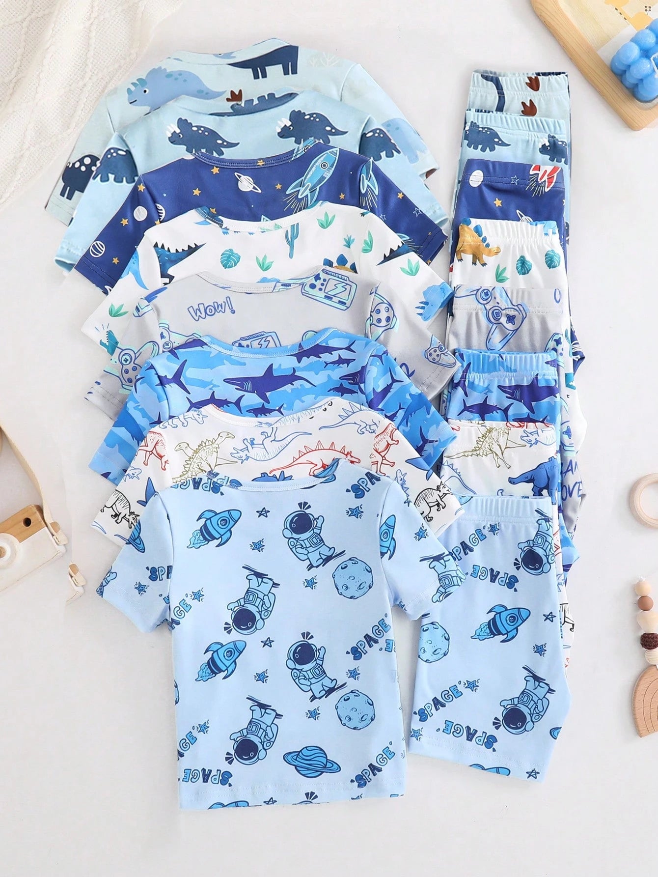 2 Sets Random Delivery 2pcs Tight Fit Pajama Set, Toddler Boys Summer Dinosaur & Cute Animal Print Short Sleeve Shirt And Shorts Snug Fit Pajamas