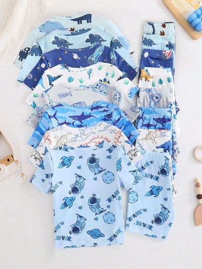 2 Sets Random Delivery 2pcs Tight Fit Pajama Set, Toddler Boys Summer Dinosaur & Cute Animal Print Short Sleeve Shirt And Shorts Snug Fit Pajamas