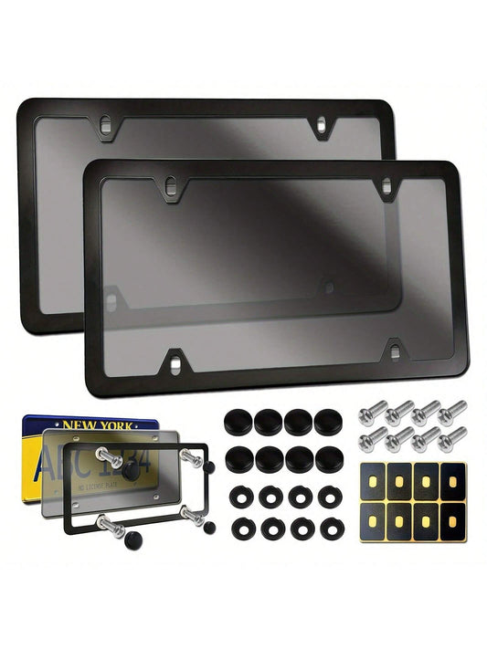 2 Sets Universal License Plate Cover Frame Combo- Durable Flat Car Tag Protector, Black Aluminum Frame Holder With Screws And Caps, Weather-Resistant, Easy Installation, And Rust-Proof