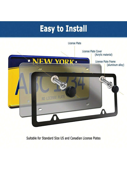 2 Sets Universal License Plate Cover Frame Combo- Durable Flat Car Tag Protector, Black Aluminum Frame Holder With Screws And Caps, Weather-Resistant, Easy Installation, And Rust-Proof