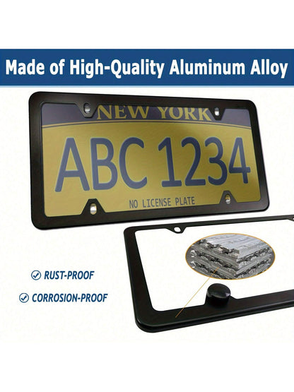 2 Sets Universal License Plate Cover Frame Combo- Durable Flat Car Tag Protector, Black Aluminum Frame Holder With Screws And Caps, Weather-Resistant, Easy Installation, And Rust-Proof