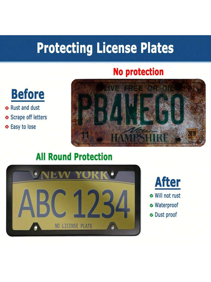 2 Sets Universal License Plate Cover Frame Combo- Durable Flat Car Tag Protector, Black Aluminum Frame Holder With Screws And Caps, Weather-Resistant, Easy Installation, And Rust-Proof