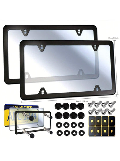2 Sets Universal License Plate Cover Frame Combo- Durable Flat Car Tag Protector, Black Aluminum Frame Holder With Screws And Caps, Weather-Resistant, Easy Installation, And Rust-Proof