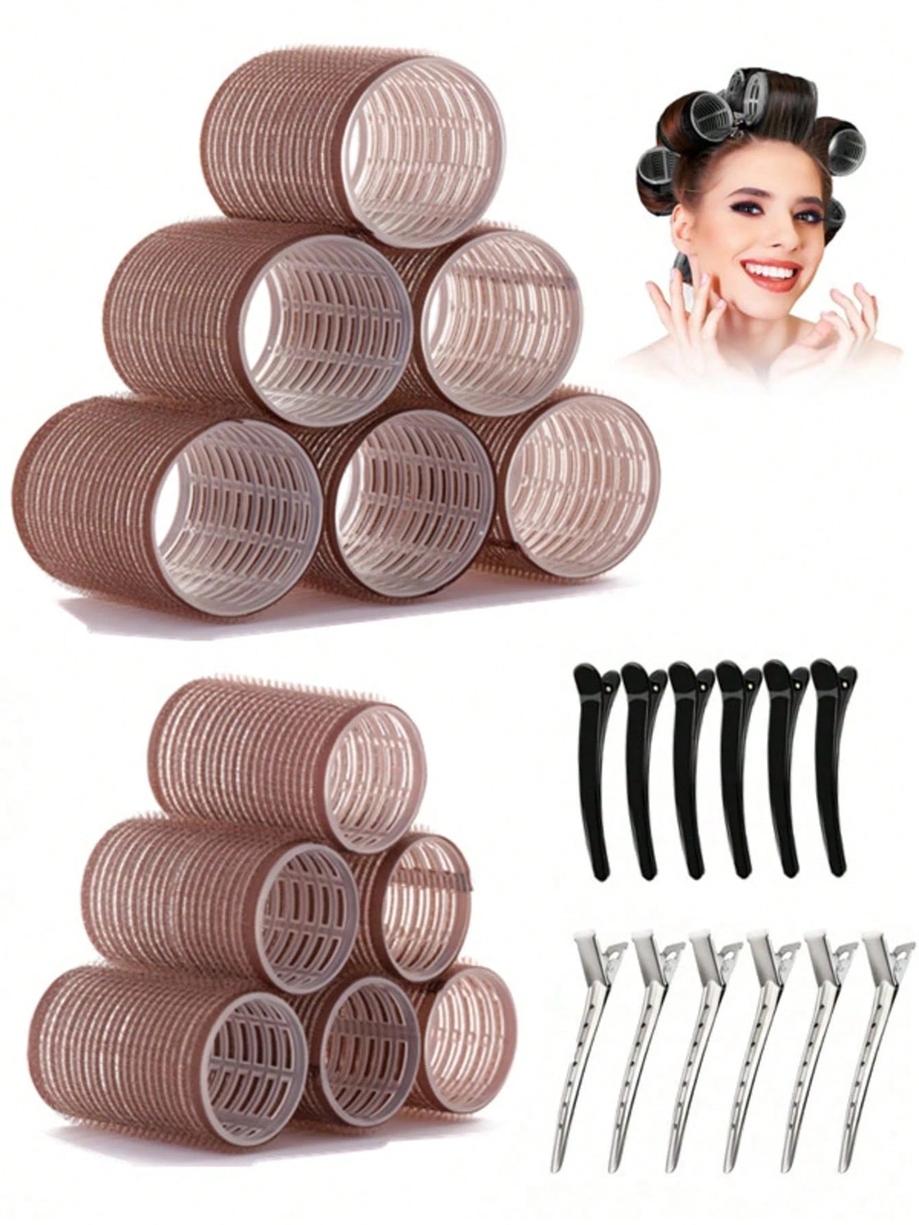 2 Sizes Hair Curlers, Hair Curlers, Suitable For Long Hair, Medium Hair, Short Hair, Large, Medium, Small Self-Adhesive Hair Curlers, Comes With 12 Hair Clips, 1 Makeup Bag And 1 Claw Clip.