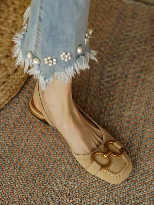 2025 Autumn Women's Flat Shoes,Women's Backless Strap Sandals Spring And Summer New Fashion Metal Buckle Low Chunky Heel Square Toe Shoes