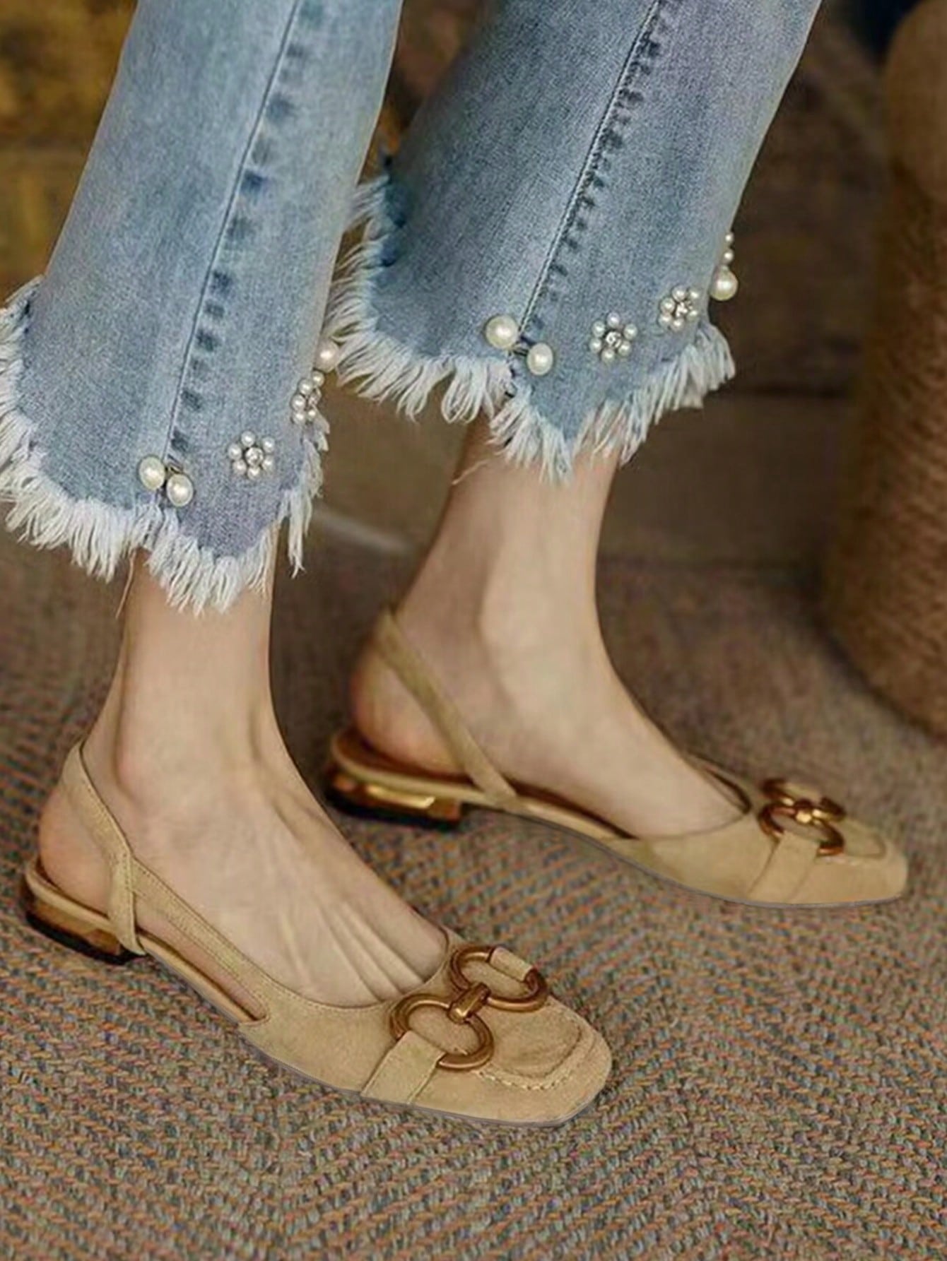2025 Autumn Women's Flat Shoes,Women's Backless Strap Sandals Spring And Summer New Fashion Metal Buckle Low Chunky Heel Square Toe Shoes