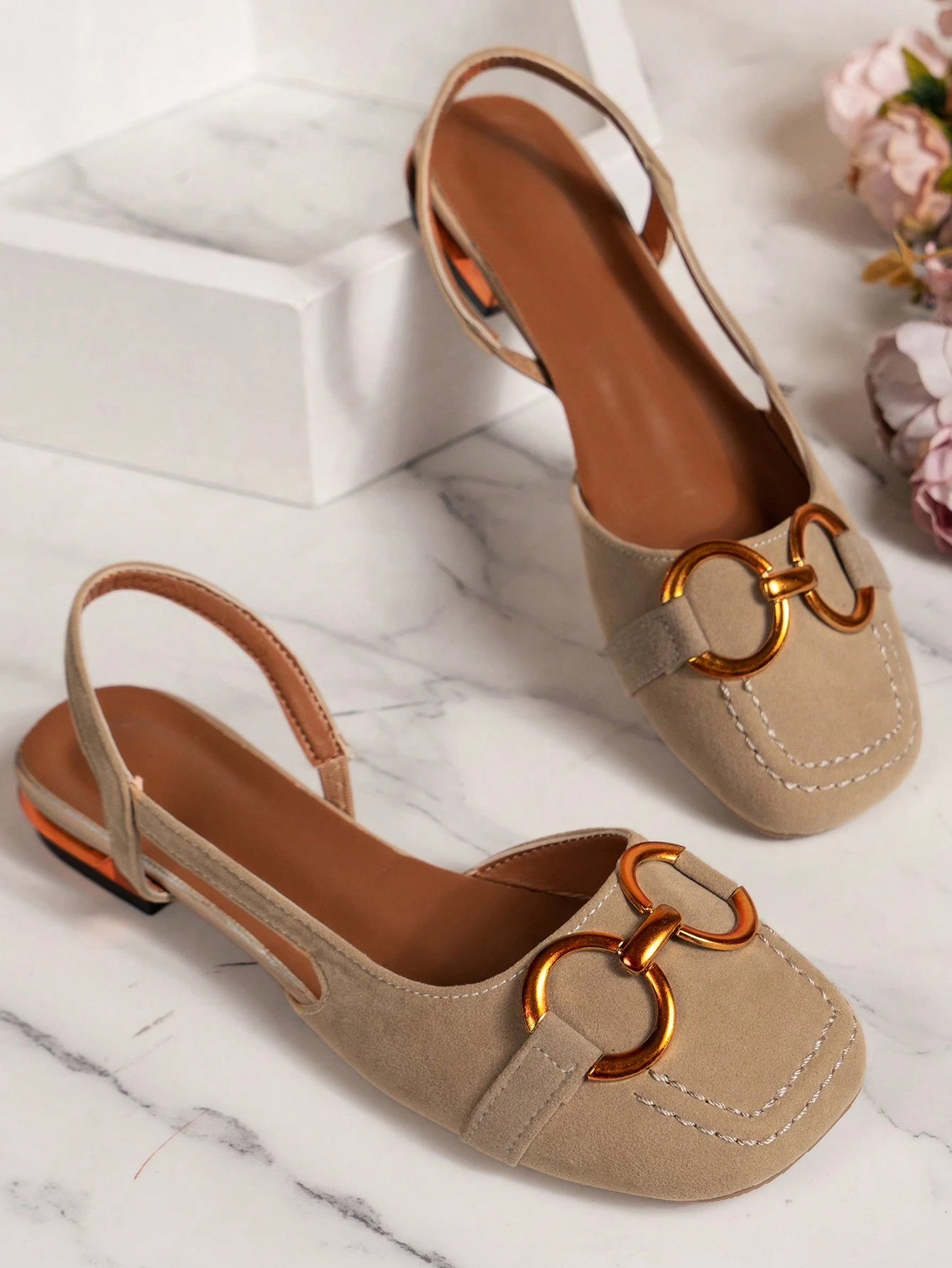 2025 Autumn Women's Flat Shoes,Women's Backless Strap Sandals Spring And Summer New Fashion Metal Buckle Low Chunky Heel Square Toe Shoes