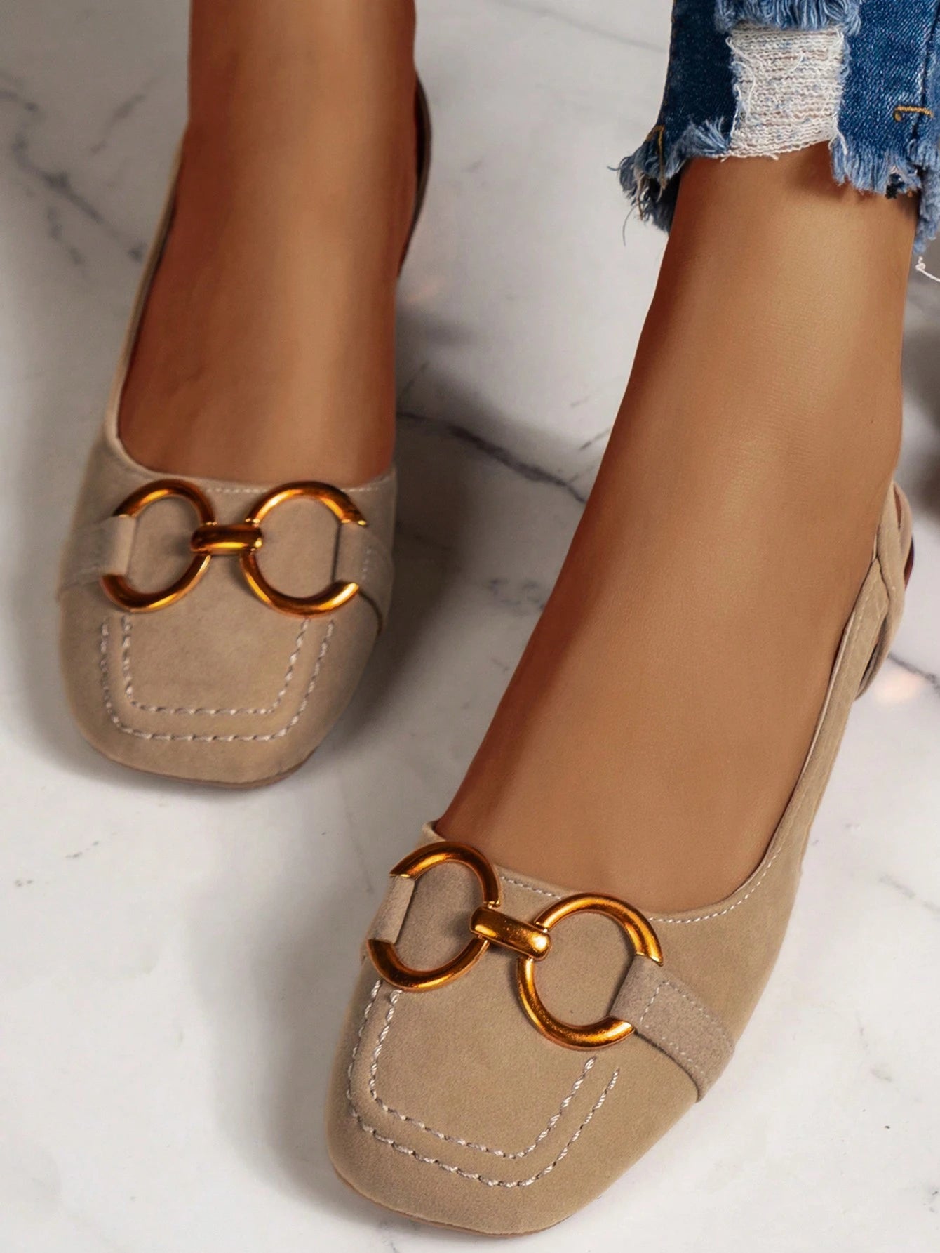 2025 Autumn Women's Flat Shoes,Women's Backless Strap Sandals Spring And Summer New Fashion Metal Buckle Low Chunky Heel Square Toe Shoes