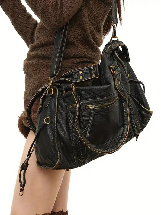 2026 Fashion Women's Bag Y2K Retro Motorcycle Bag Large Capacity Handbag Wasteland Style Tote Bag Women's Shoulder Crossbody Bag Soft Fabric