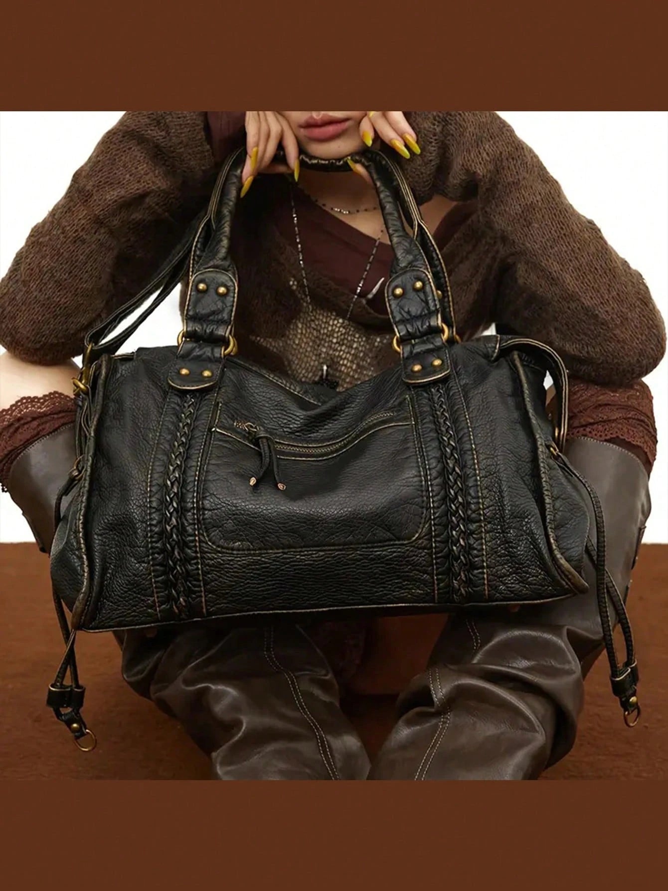 2026 Fashion Women's Bag Y2K Retro Motorcycle Bag Large Capacity Handbag Wasteland Style Tote Bag Women's Shoulder Crossbody Bag Soft Fabric