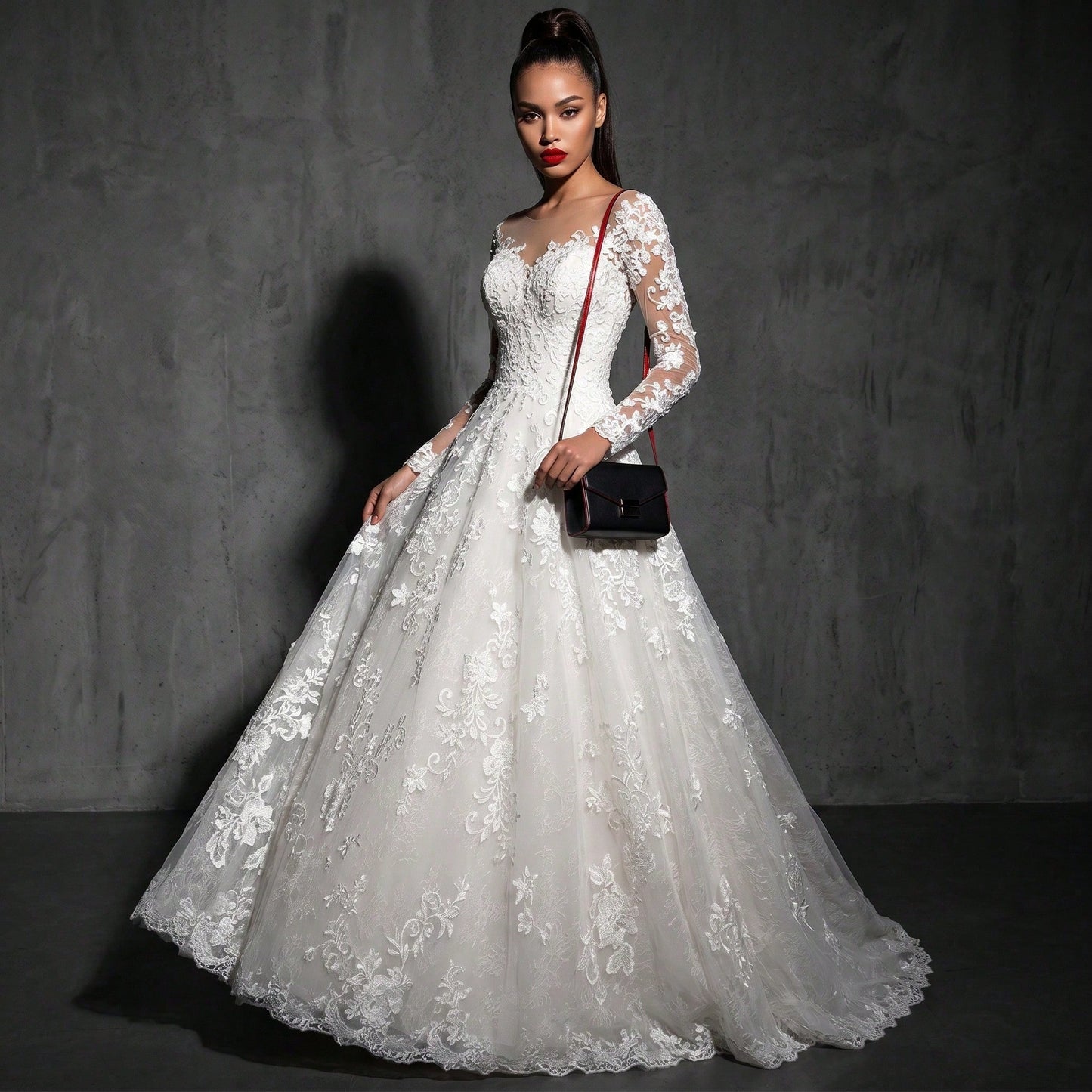 2026 New European And American Lace Women's Long Sleeve Off-Shoulder White Bridal Wedding Dress Gown