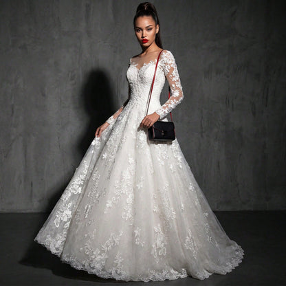 2026 New European And American Lace Women's Long Sleeve Off-Shoulder White Bridal Wedding Dress Gown