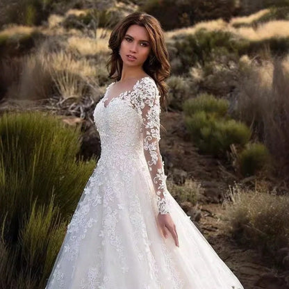 2026 New European And American Lace Women's Long Sleeve Off-Shoulder White Bridal Wedding Dress Gown